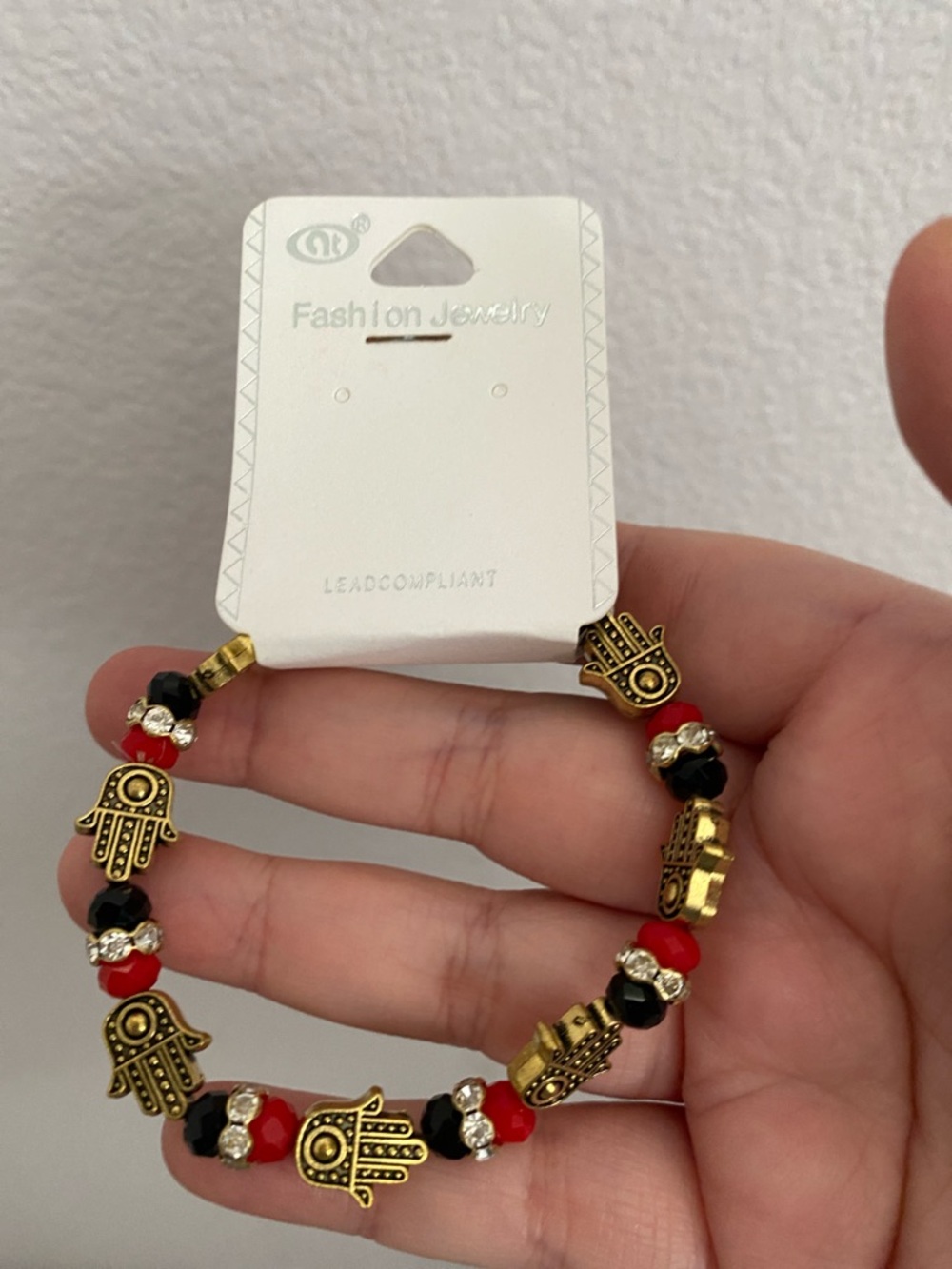 Fashion Jewelry Gold, Red & Black Hamsa Bead Bracelet